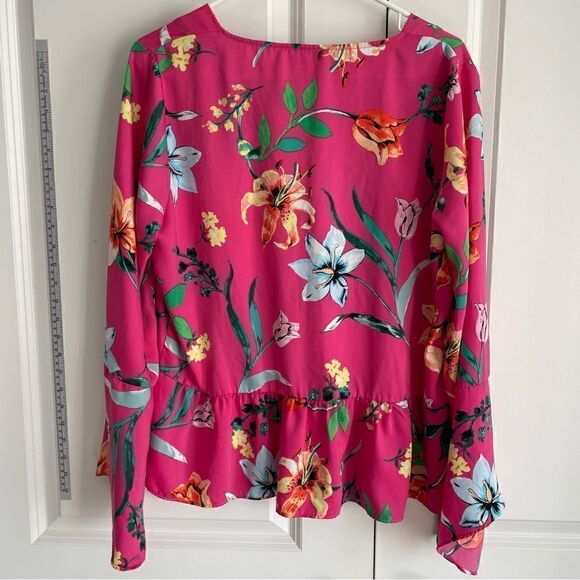 Laundry by Shelli Segal Pink Floral Bell Sleeve Blouse Women Large Ruffle Waist - Picture 2 of 10